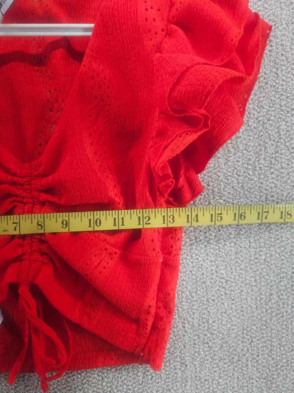 FB Sister Red Eyelet Ruffle Sleeve Ruched Drawstring Crop Top - Picture 7 of 7